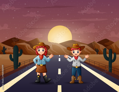 Desert landscape with a cowboy and cowgirl on background of evening sun
