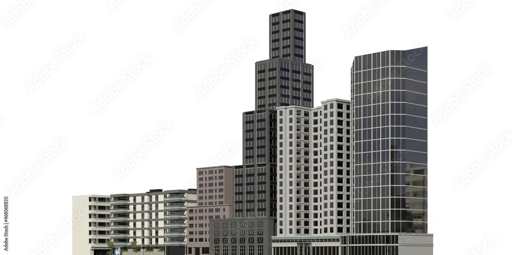 City modern buildings isolated on white background 3d illustration