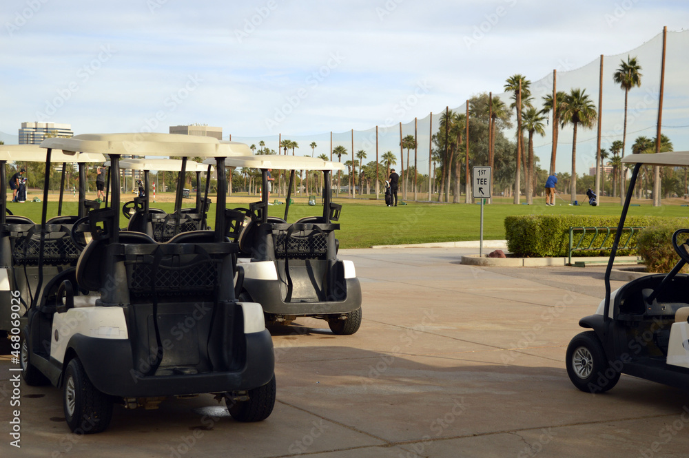 Golf carts parked at a golf course.