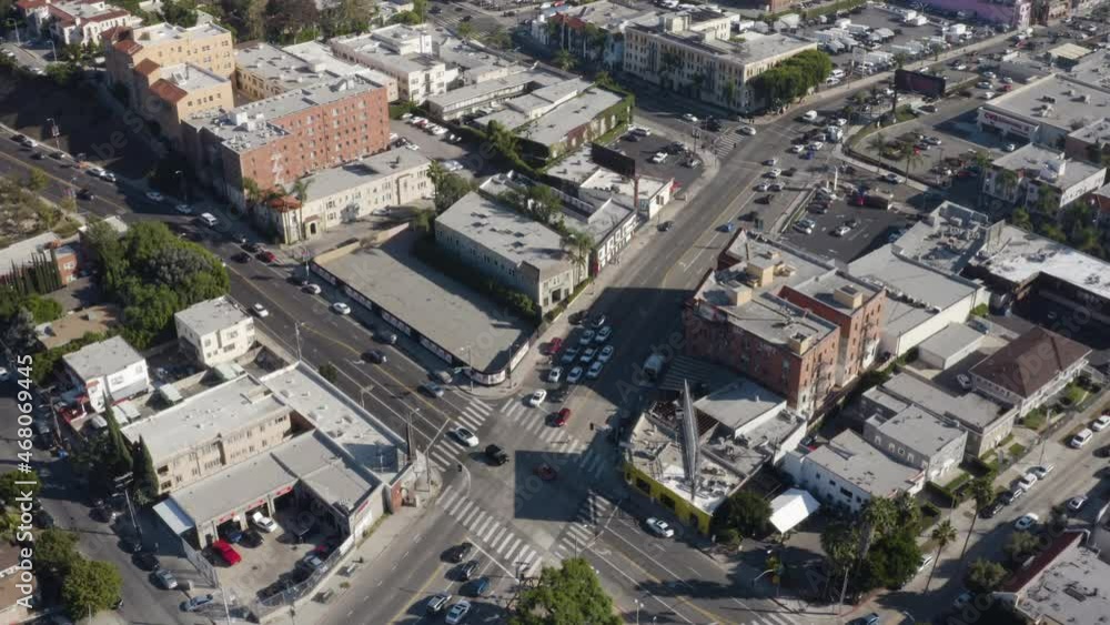Aerial over historic Hollywood's Cahuenga Boulevard and Franklin Avenue. Aerial over historic Hollywood's Cahuenga Boulevard and Franklin Avenue.