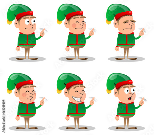 Christmas Elf saying no with his finger. Vector cartoon character illustration of Santa Claus's little worker, helper.