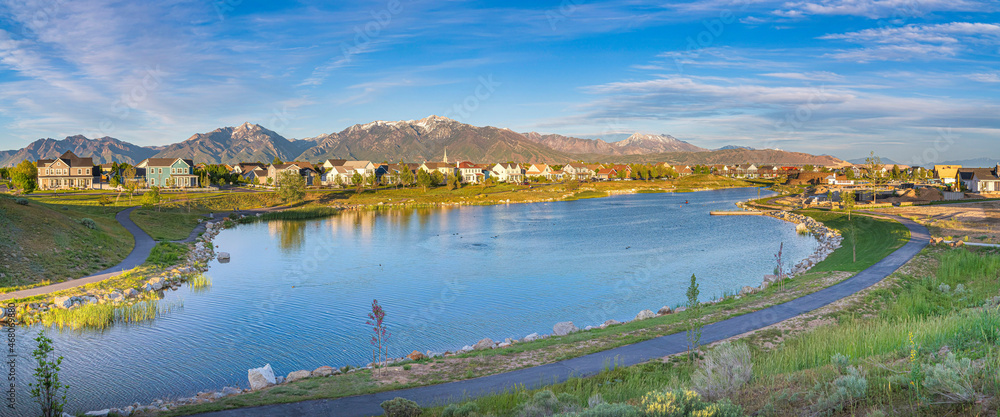 Top view of Oquirrh Lake in a residential area at Daybreak, Utah