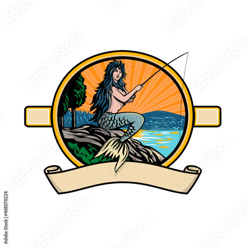 Retro style illustration of mermaid with fishing rod and reel fly fishing in lake or river with mountains and sunburst viewed from side set inside oval on isolated background in full color style.