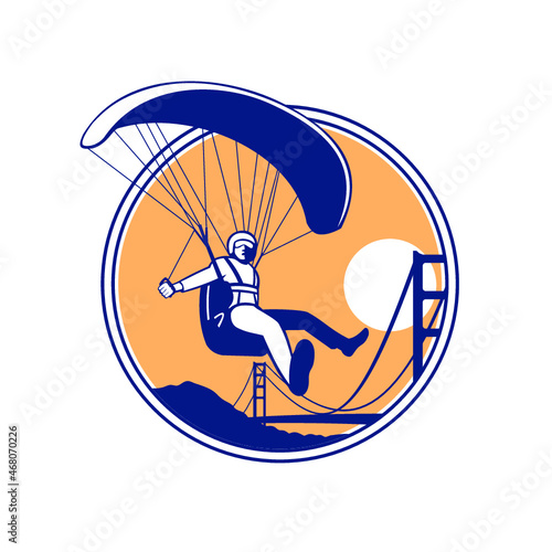 Mascot illustration of a pilot flying paraglider paragliding with the Golden Gate bridge in San Francisco, California in the background set inside circle on isolated background in retro style.
