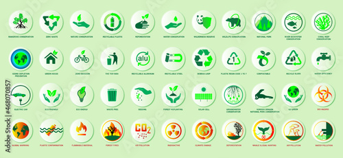 Comprehensive icons set of nature conservation, hazard symbol and environmental issues. Complete collection of global environment signs with neumorphism style effects.