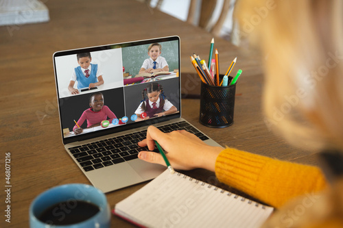 Caucasian woman using laptop for video call, with smiling diverse elementary school pupils on screen