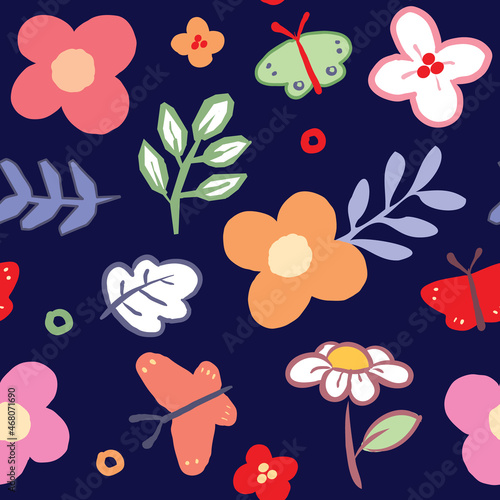 Seamless Pattern with Hand Drawn Flower, Leaf and Butterfly Design on Dark Blue Background