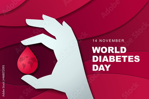 World Diabetes Day Illustration, hand holding a drop of blood with papercut background.