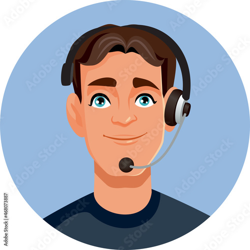 Happy Handsome Young Male Call Center Operator Vector Illustration