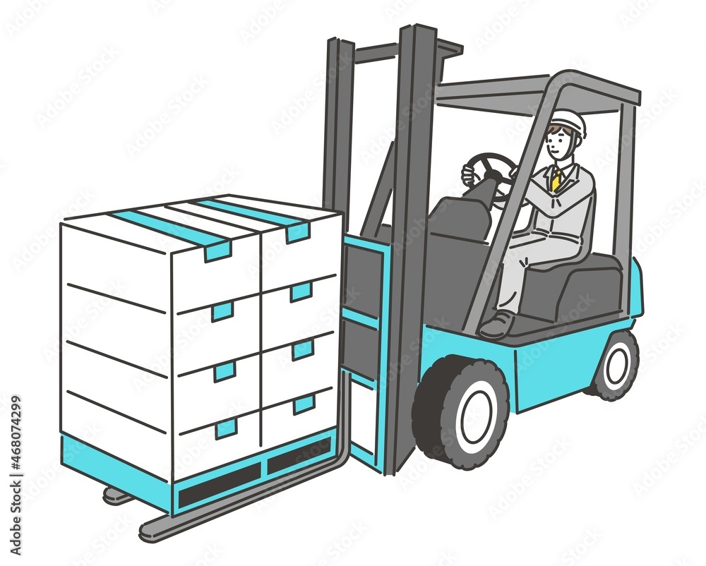 フォークリフトで段ボールを運ぶ男性のベクターイラスト素材／工場／倉庫／運搬／運送／シンプル／男性