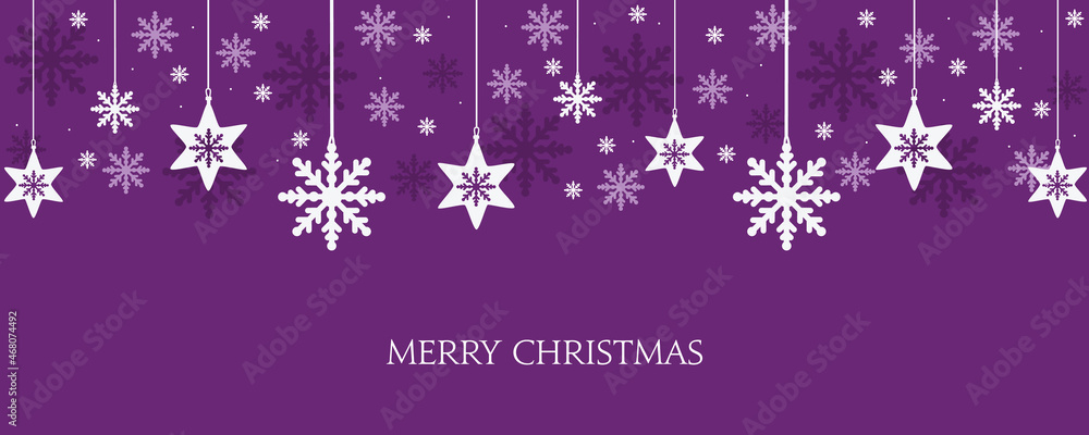 Xmas banner with snowflakes hanging. Vector design of winter holidays on purple background. Merry Christmas greeting card. Xmas banner with snowflakes hanging. Vector design of winter holidays on purple background. Merry Christmas greeting card.