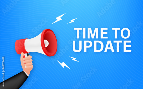 Hand Holding Megaphone with Time to update. Megaphone banner. Web design