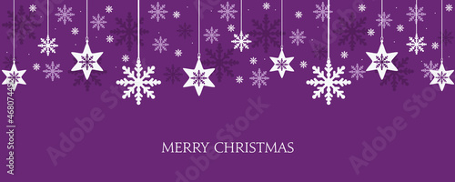 Xmas banner with snowflakes hanging. Vector design of winter holidays on purple background. Merry Christmas greeting card.