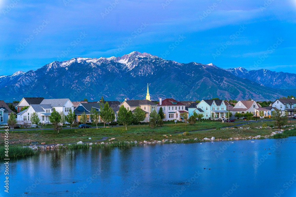 Oquirrh Lake with a reflection of the dusk sky at Daybreak, Utah