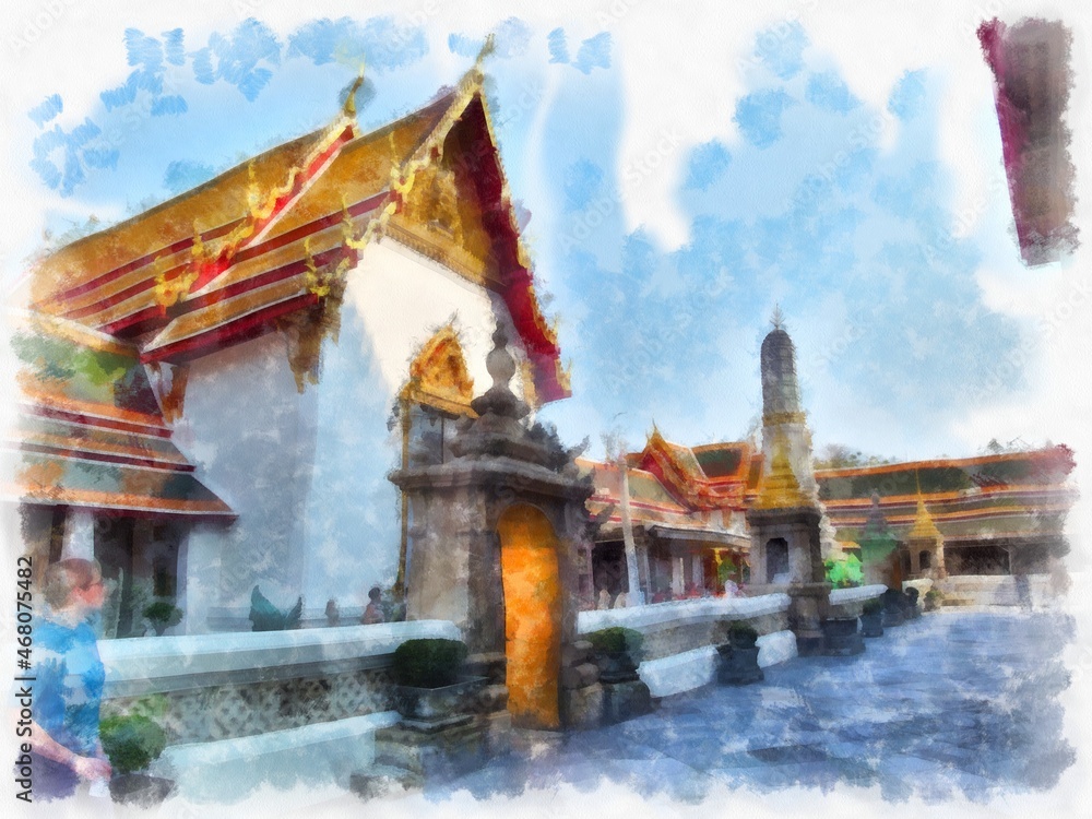 Naklejka premium Ancient architecture of Thailand watercolor style illustration impressionist painting.
