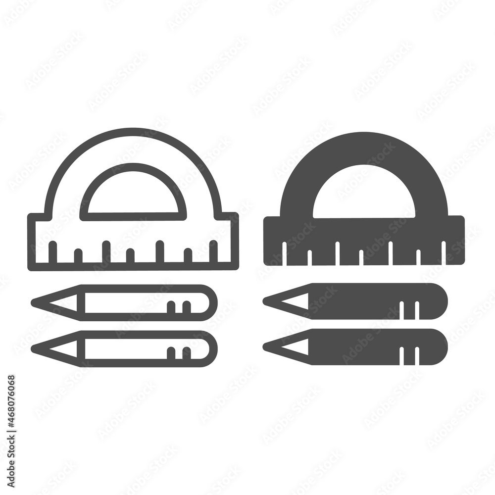 Protractor and pencil, school stationery, pen line and solid icon, education concept, geometry vector sign on white background, outline style icon for mobile concept and web design. Vector graphics. Protractor and pencil, school stationery, pen line and solid icon, education concept, geometry vector sign on white background, outline style icon for mobile concept and web design. Vector graphics.