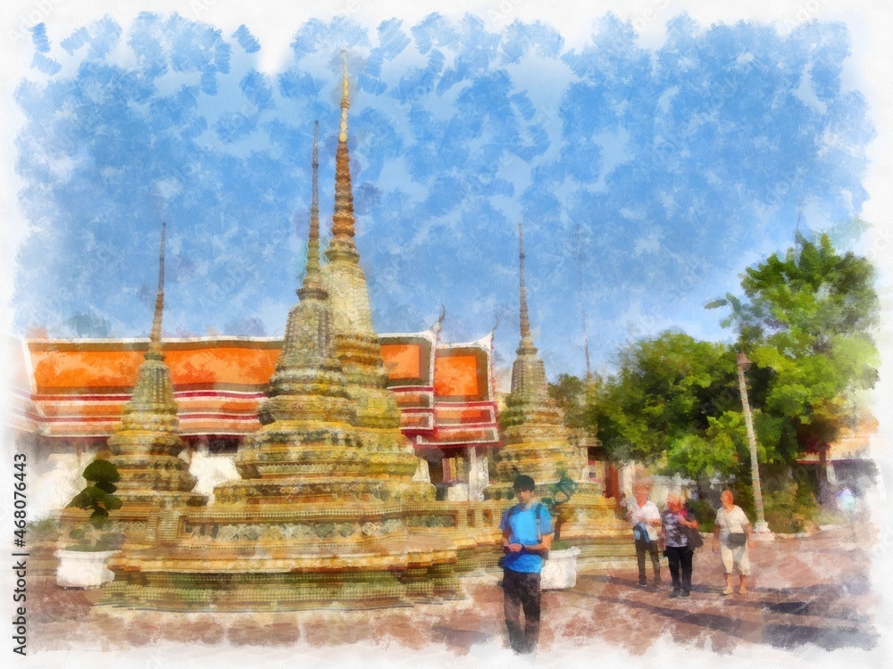 Fototapeta premium Ancient architecture of Thailand watercolor style illustration impressionist painting.