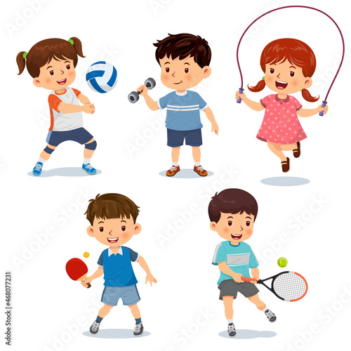 Vector illustration of cute little children playing different sports, volleyball, dumbbell, jump rope, table tennis, tennis. Isolated on a white background