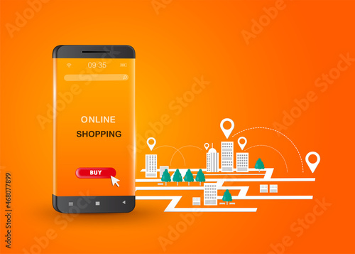 The cursor points to the buy icon located on the smartphone screen. And on the back there is pin location to order online for delivery and online shopping concept design,vector 3d on orange background