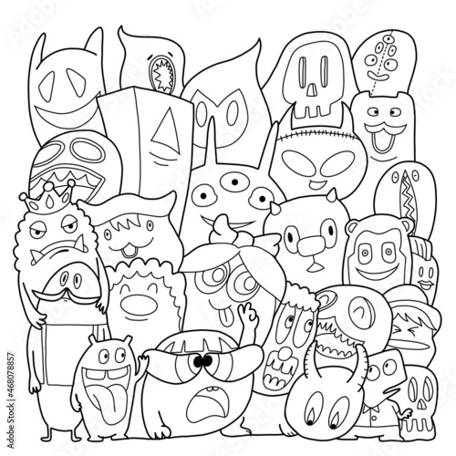 Hand-drawn illustrations  monsters doodle Illustrations coloring book  Hand Drawn cartoon monster illustration Cartoon crowd doodle hand-drawn Doodle style.