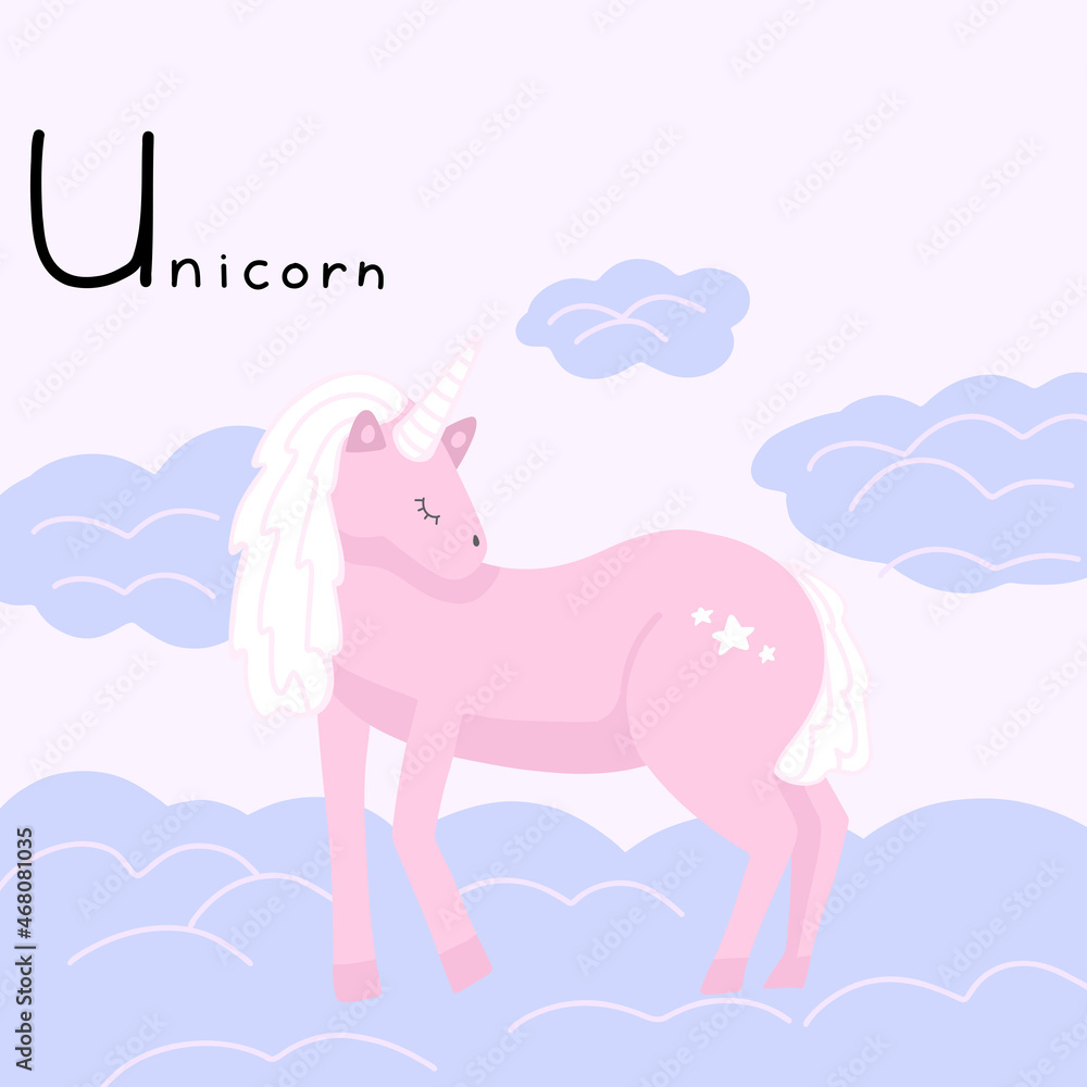 Cute fluffy unicorn in the clouds. Letter U from the alphabet. Cute baby animal illustration. Cute fluffy unicorn in the clouds. Letter U from the alphabet. Cute baby animal illustration.