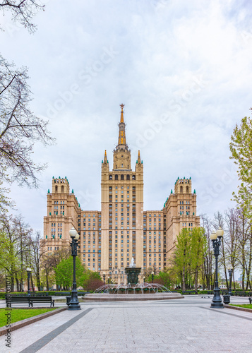 The view on the residential Stalinist high-rise building on Kudrinskaya Square. It is the one of seven Stalinist skyscrapers built in 1947-1954.