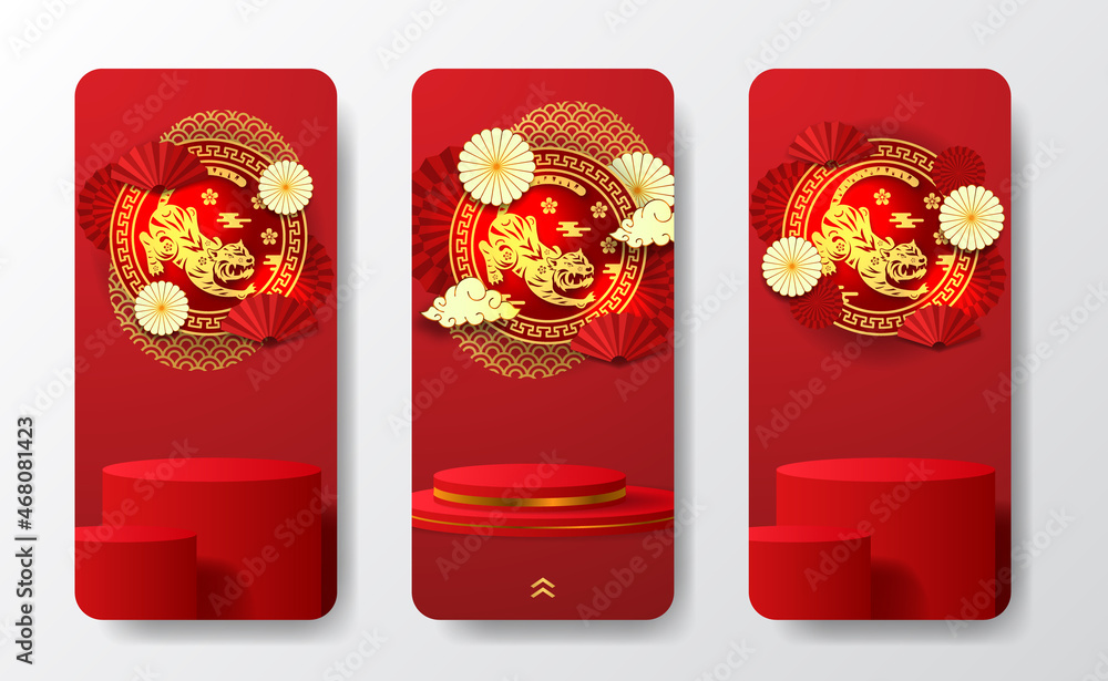Happy chinese new year. 2022 year of tiger, zodiac horoscope. traditional pattern decoration with cylinder podium stage display for social media stories banner Happy chinese new year. 2022 year of tiger, zodiac horoscope. traditional pattern decoration with cylinder podium stage display for social media stories banner