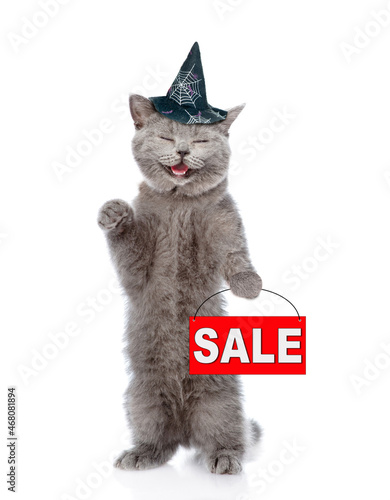 Happy cat wearing hat for halloween stands on hind legs and shows sales symbol . isolated on white background