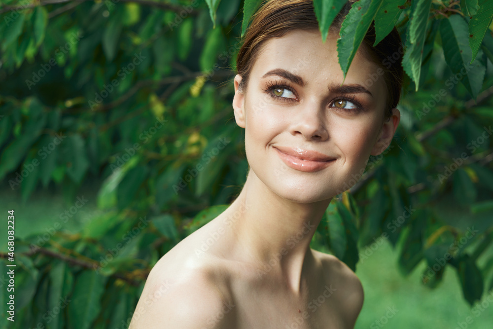 smiling woman Cosmetology nature green leaves glamor model smiling woman Cosmetology nature green leaves glamor model