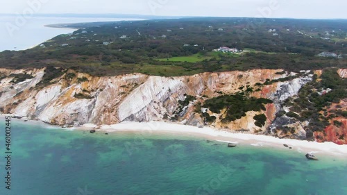Views of the Gay Head Cliffs of Clay, located on the town of Aquinnah western-most part of the island of Martha's Vineyard, Massachusetts, USA - aerial drone shot photo