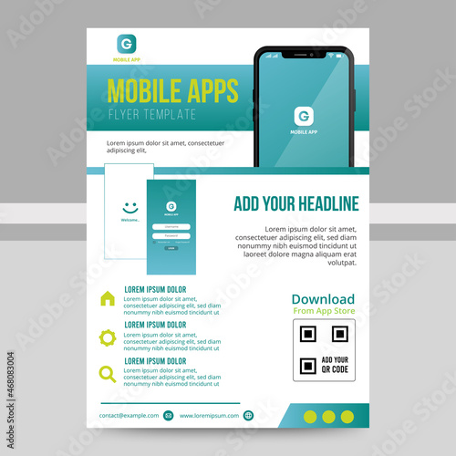 Mobile Apps Flyer template. Business brochure flyer design layout. smartphone icons mockup. application presentation. Magazine ads. green cover. poster. leaflet. infographics. in A4 size