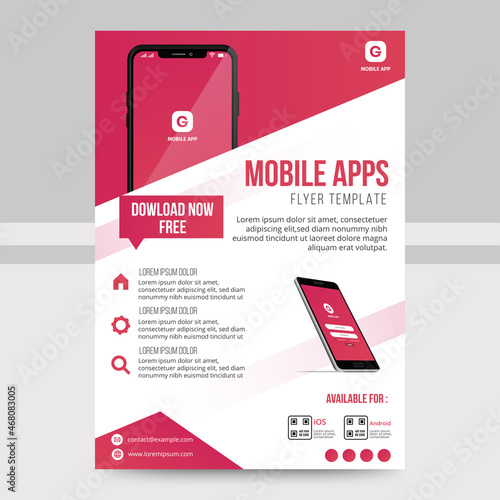 Mobile Apps Flyer template. Business brochure flyer design layout. smartphone icons mockup. application presentation. Magazine ads. red cover. poster. leaflet. infographics. advertisement. in A4 size