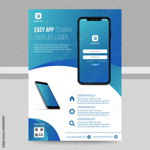 Mobile Apps Flyer template. Business brochure flyer design layout. smartphone icons mockup. application presentation. Magazine ads. blue cover. poster. leaflet. infographics. advertisement. in A4 size