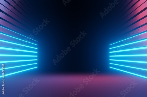 Fototapeta Naklejka Na Ścianę i Meble -  3d render of RGB neon light on darkness background. Abstract Laser lines show at night. Ultraviolet spectrum beam scene