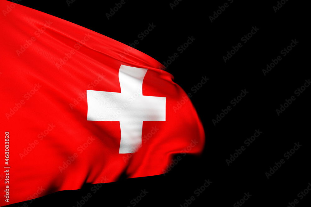 Obraz premium 3D illustration of the national flag of Switzerland on a metal flagpole fluttering against the blacl isolated background. Country symbol.
