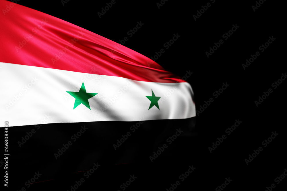3D illustration of the national flag of Syria on a metal flagpole fluttering against the blacl isolated background. Country symbol. 3D illustration of the national flag of Syria on a metal flagpole fluttering against the blacl isolated background. Country symbol.