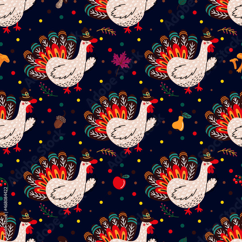 Thanksgiving turkey and fall leaves forming seamless pattern on blue background