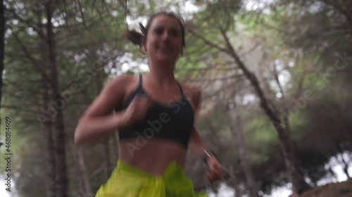 Happy face running in the woods dopamine feeling photo