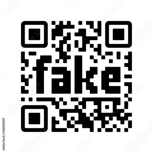 Fake QR code. Conceptual symbol of sales scam, internet fraud and false identification. Vector sticker with a black pixel pattern and digital text 'fake'.