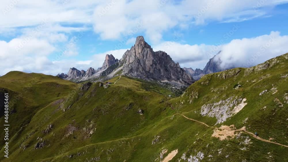 Nuvolau Mountain, Monte Nuvolau, above the Giau Pass, Passo di Giau, Colle Santa Lucia, Dolomites, Belluno, Italy - aerial drone shot Nuvolau Mountain, Monte Nuvolau, above the Giau Pass, Passo di Giau, Colle Santa Lucia, Dolomites, Belluno, Italy - aerial drone shot
