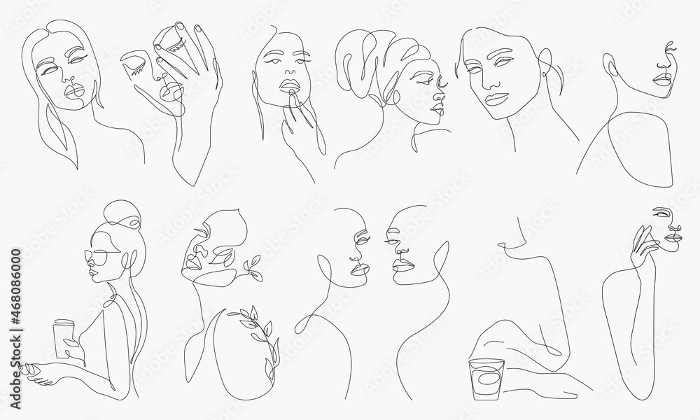 Women Faces Set Line Art Drawing. Abstract Female Head One Line Drawing for Wall Art, Fashion Prints, Posters. Art Sketch Print, Black And White Single Line Art, Feminine Poster. Vector EPS 10