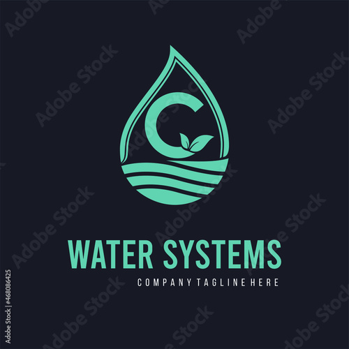 Initial C Letter  with water drop and leaf for water drainage, sanitation, purified, repair, cleanup, maintenance water system service company logo vector idea