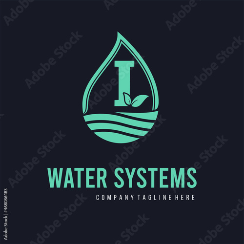 Initial I Letter  with water drop and leaf for water drainage, sanitation, purified, repair, cleanup, maintenance water system service company logo vector idea