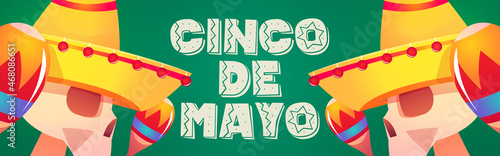 Cinco de mayo poster with skulls in sombrero with maracas. Vector banner of traditional holiday, carnival celebration in Mexico with cartoon illustration of skulls in mexican hats