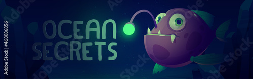 Ocean secrets cartoon banner with scary angler fish with glowing lantern outgrowth in sea depth. Underwater monster monkfish waiting prey in darkness, creepy aquatic predator, Vector illustration
