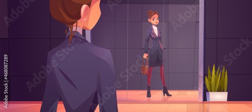 Business woman looking at her reflection in mirror at lobby. Clerk, manager or businesswoman evaluating her attire. Concept of office dress code, formal clothes fashion, Cartoon vector illustration