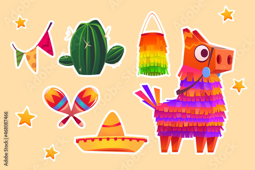 Set of stickers Mexican pinata donkey, colorful toy with treats, cactus, maracas, sombrero and flag garland for child birthday. Viva Mexico party celebration, carnival or fiesta Cartoon vector patches