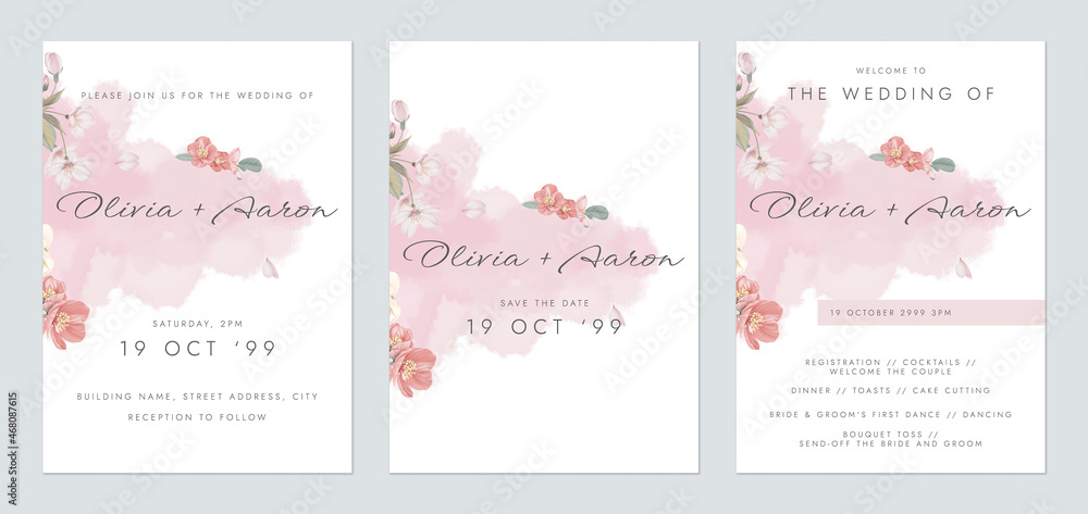 Floral wedding invitation card set template design, pink watercolor decorated with sakura and Japanese quince flowers on white