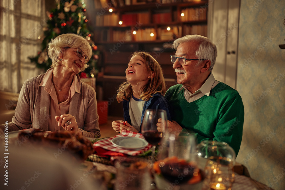 Family having lunch together at a table during Christmas time Family having lunch together at a table during Christmas time