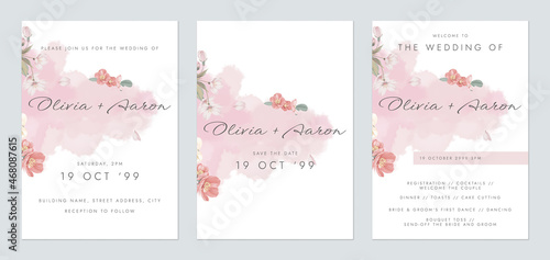 Floral wedding invitation card set template design, pink watercolor decorated with sakura and Japanese quince flowers on white